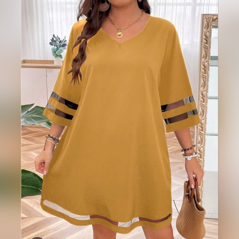 Shein Curve Mesh Accents Solid Color Polyester Mini Dress Size Size 2xl